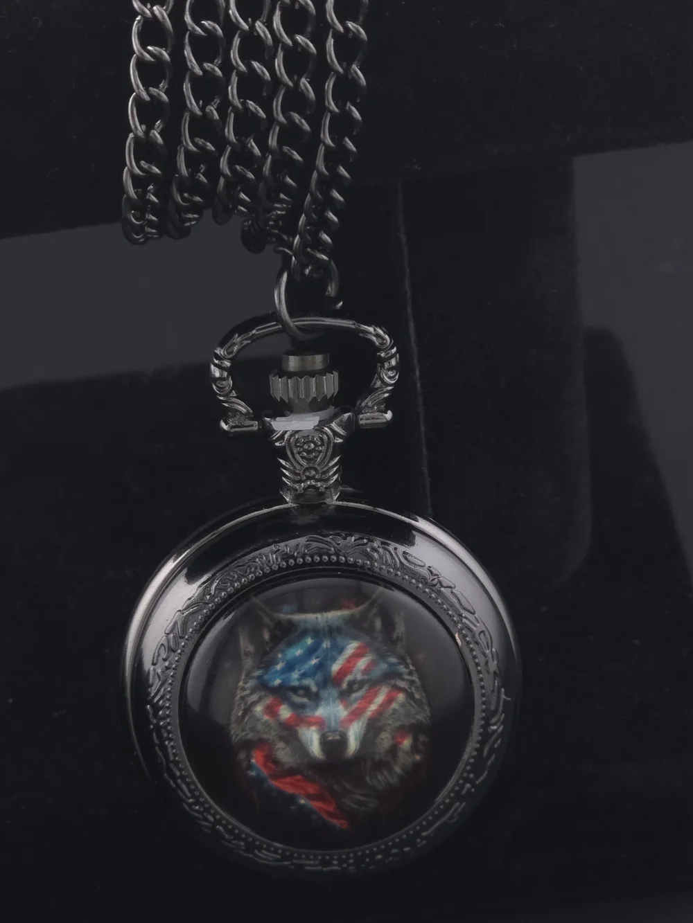 Black Pocket Watch Necklace  with American Flag Wolf Design